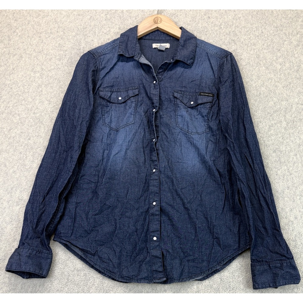Calvin Klein Jeans Womens Button Up Shirt Blue Denim Long Sleeve Flap Pocket S